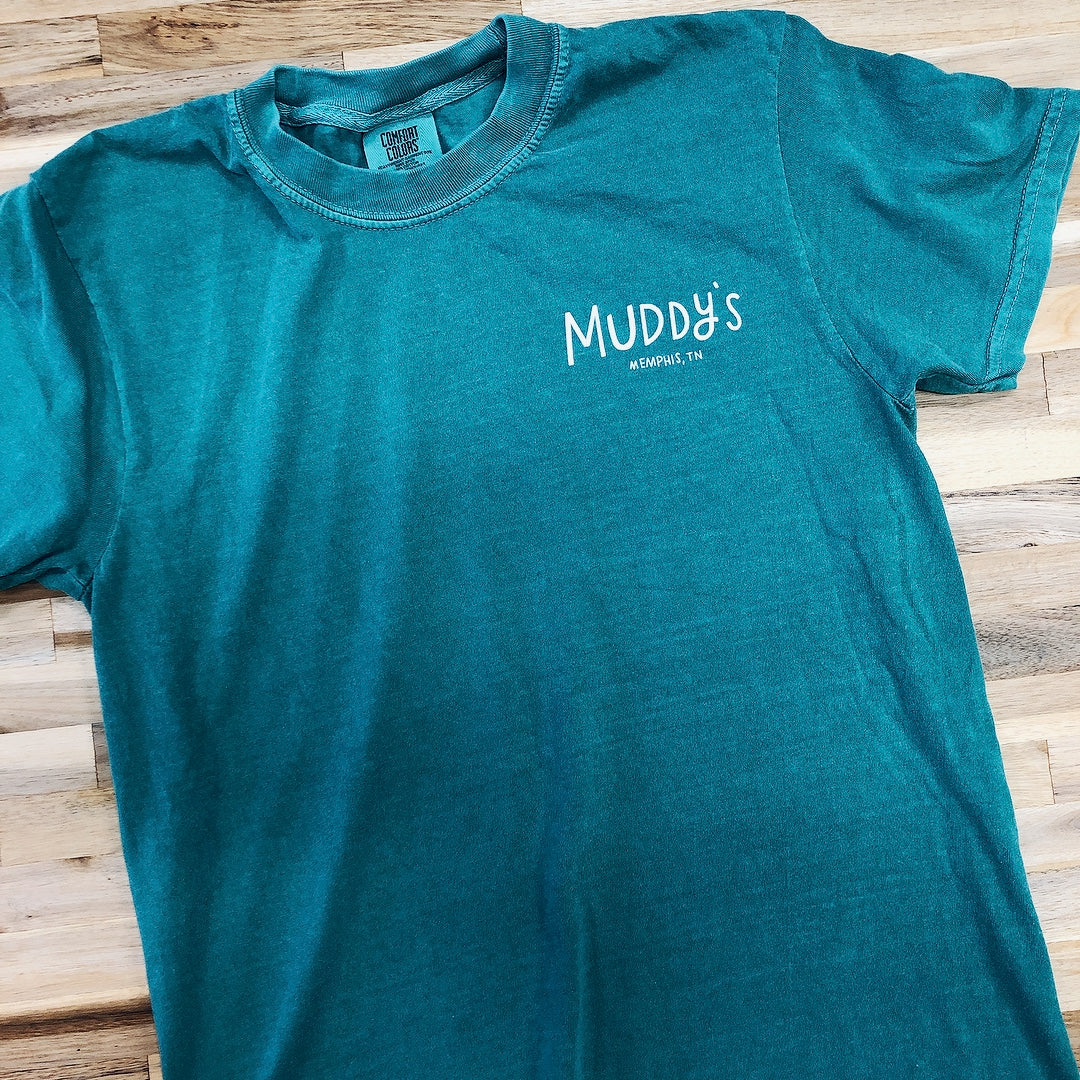 Muddy's Tee Shirt- retro logo on green